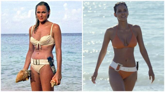 Bond girl in bikini Ursula Anders (1962) e Halle Berry (2002).