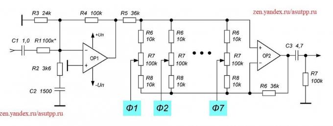 Descrizione dello schema e sette bande equalizzatore grafico con i filtri attivi