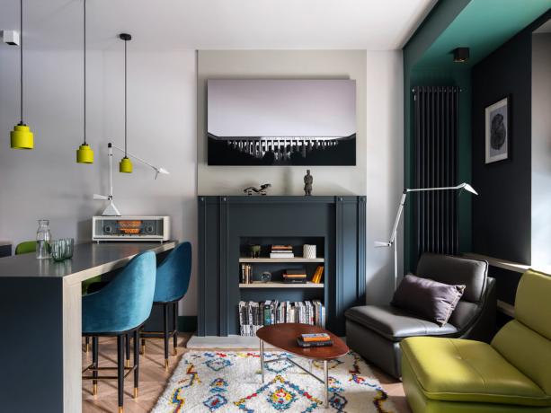 Camera verde, cucina e soffitto: odnushka Elegante 38 m²