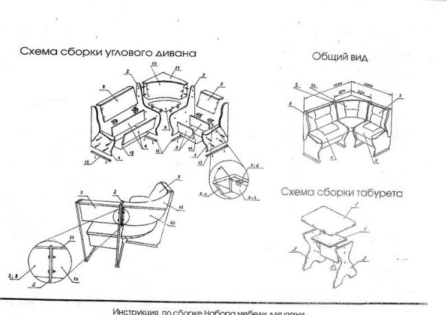 Istruzioni per l'assemblaggio di un set di mobili angolari per la cucina.