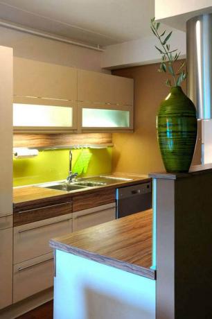 Il design degli interni di una piccola cucina cucina non esclude affatto l'uso di elementi aggiuntivi per creare intimità