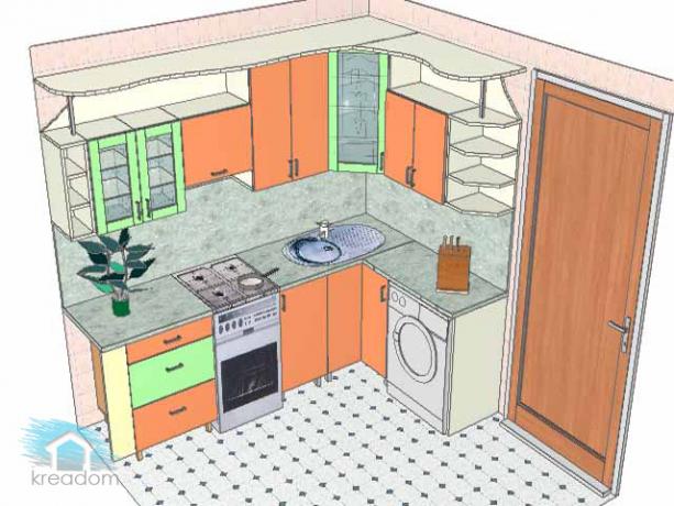 La scuola di ristrutturazione della cucina presenta una delle opzioni per la progettazione artistica di questa stanza con la decorazione proposta delle pareti e del pavimento, nonché con una disposizione tipica degli elementi interni