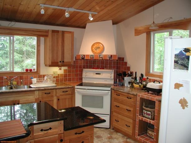 Il design originale di posizionare mobili ed elettrodomestici in una piccola cucina in un cottage di campagna