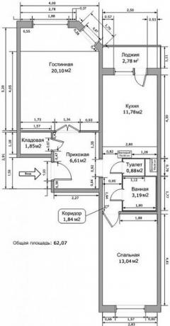 Layout di un bilocale in una casa della serie IP-46S con tutte le dimensioni