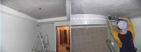 La fase iniziale dell'installazione di un soffitto teso. Inchiodiamo il profilo al muro.