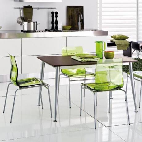 Dettagli luminosi per la trasformazione degli interni: sedie verdi per la cucina, piatti colorati 